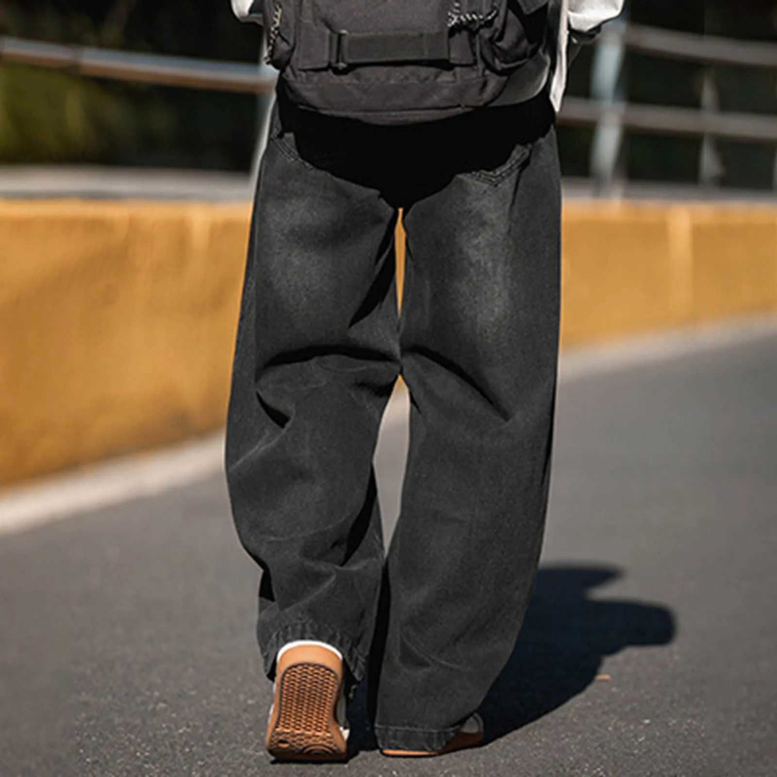 Y2k washed jeans mens retro patchwork fashion bag 2025 new straight leg jeans mens American streetwear simple mens jeansT250319