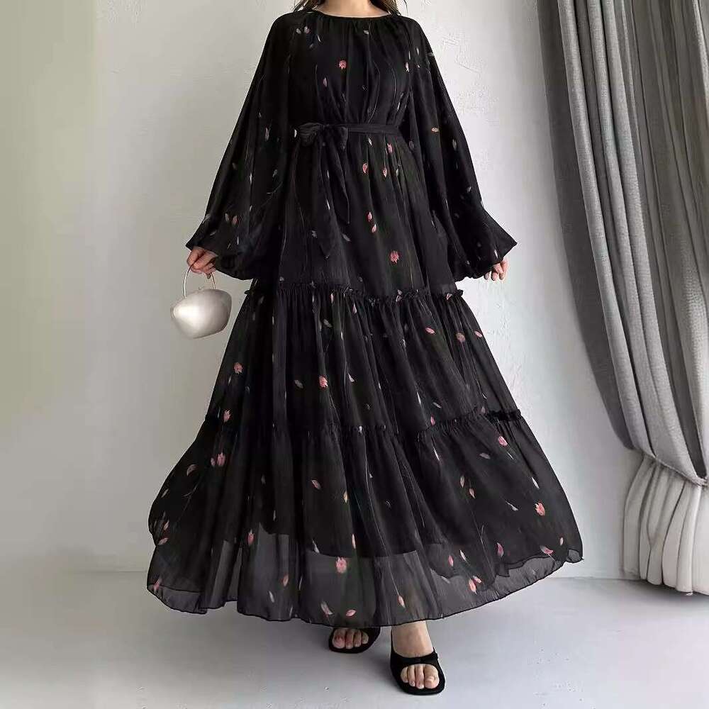 M2751 Women's New Muslim Chiffon Belt Robe Fashion Elegant Dress