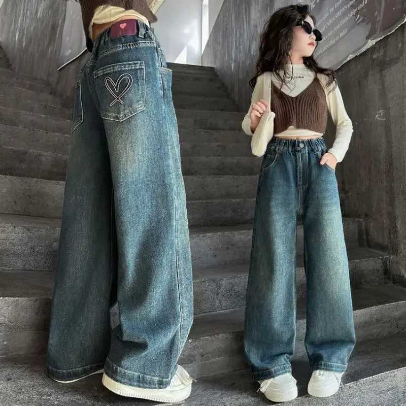 Wide Leg Jeans for Girls Spring Autumn Loose Vintage Straight Retro Pants Fashion Teenage Kids Trousers 6 8 9 10 11 12 14 YearsT250326