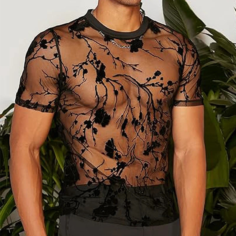 Summer mens mesh lace knitted Tshirt hollow Oneck sweater short sleeved rose print 250320