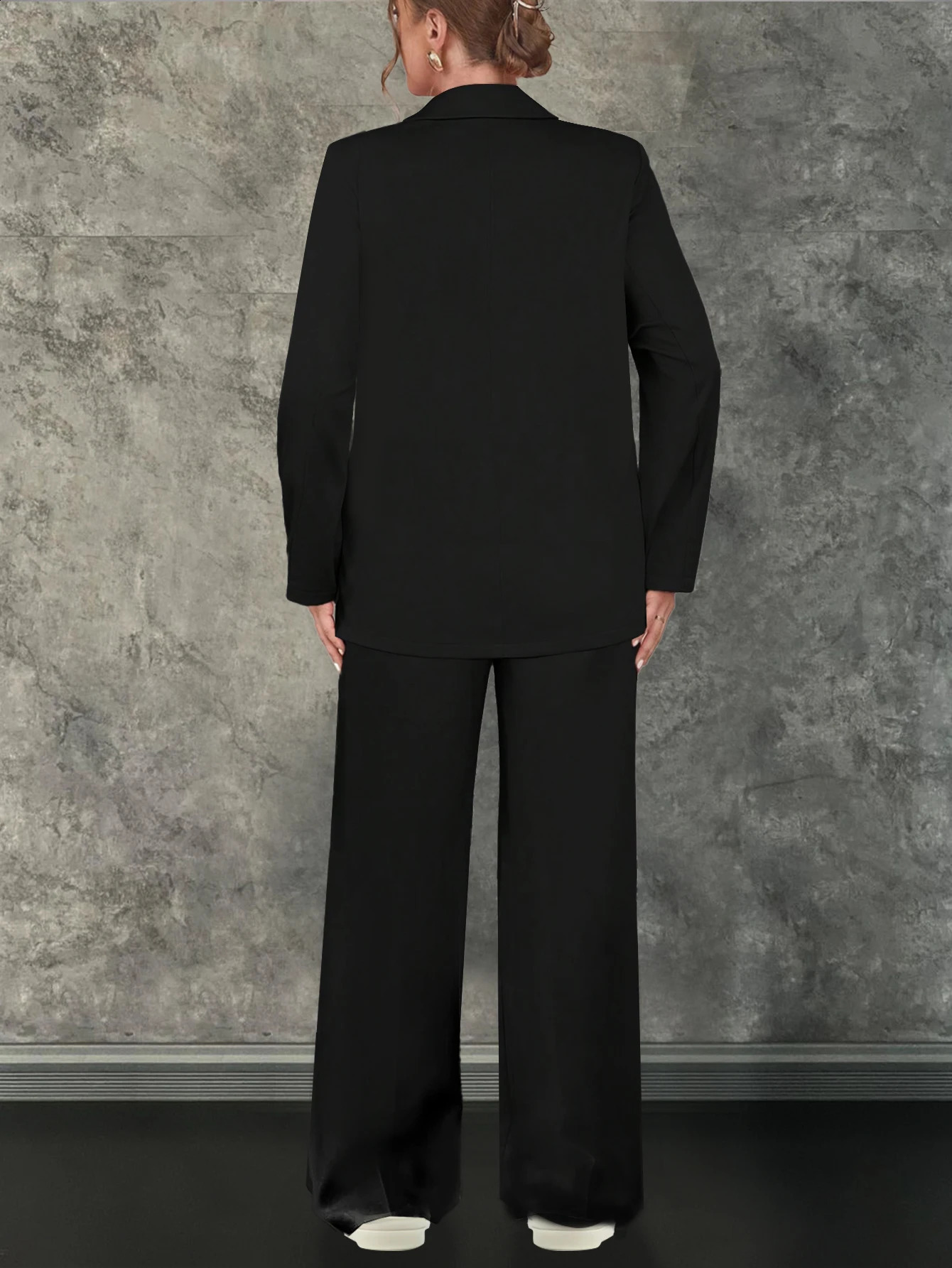 Ladies AutumnWinter Black Elegant Casual Loose Button Set Jacket and Elastic Waist Pants Two Piece 250319