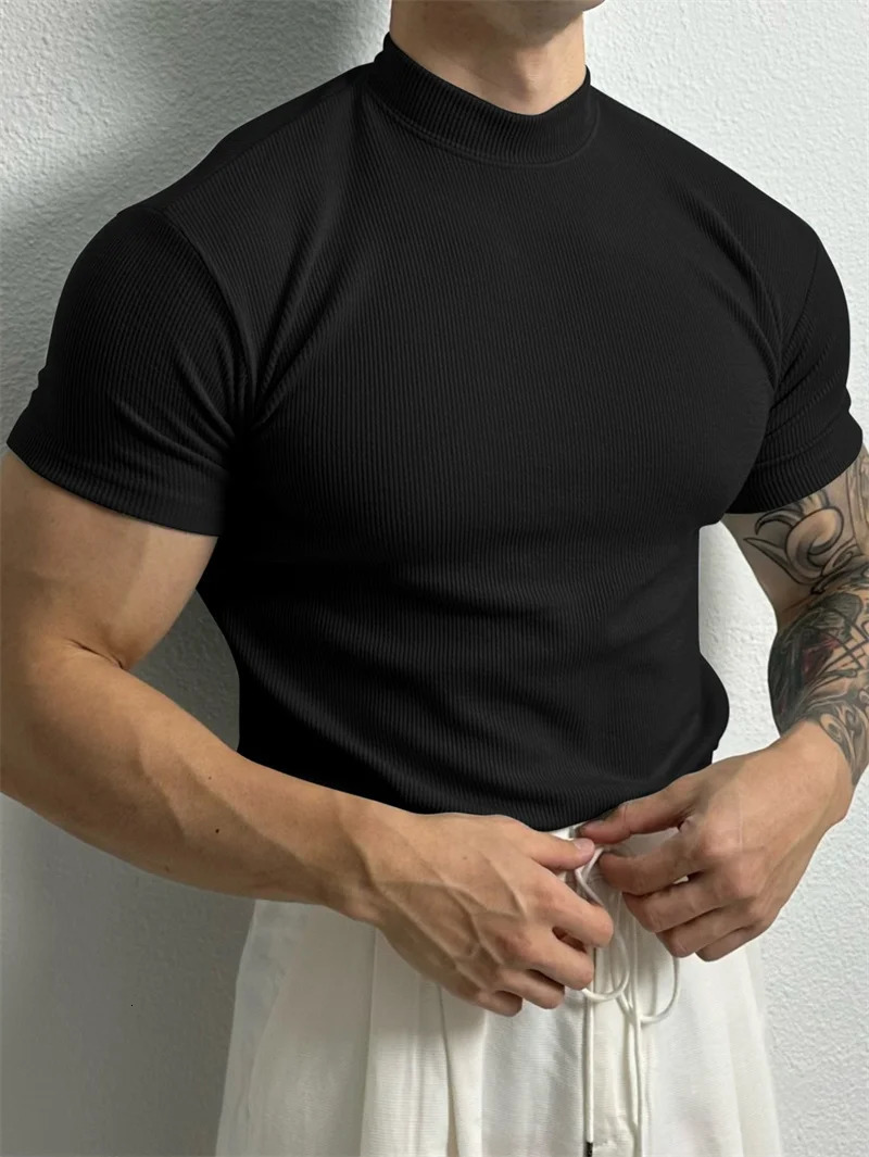Spring and summer fashion mens Tshirt small high neck striped short sleeved fitness top casual sports shirt 250320