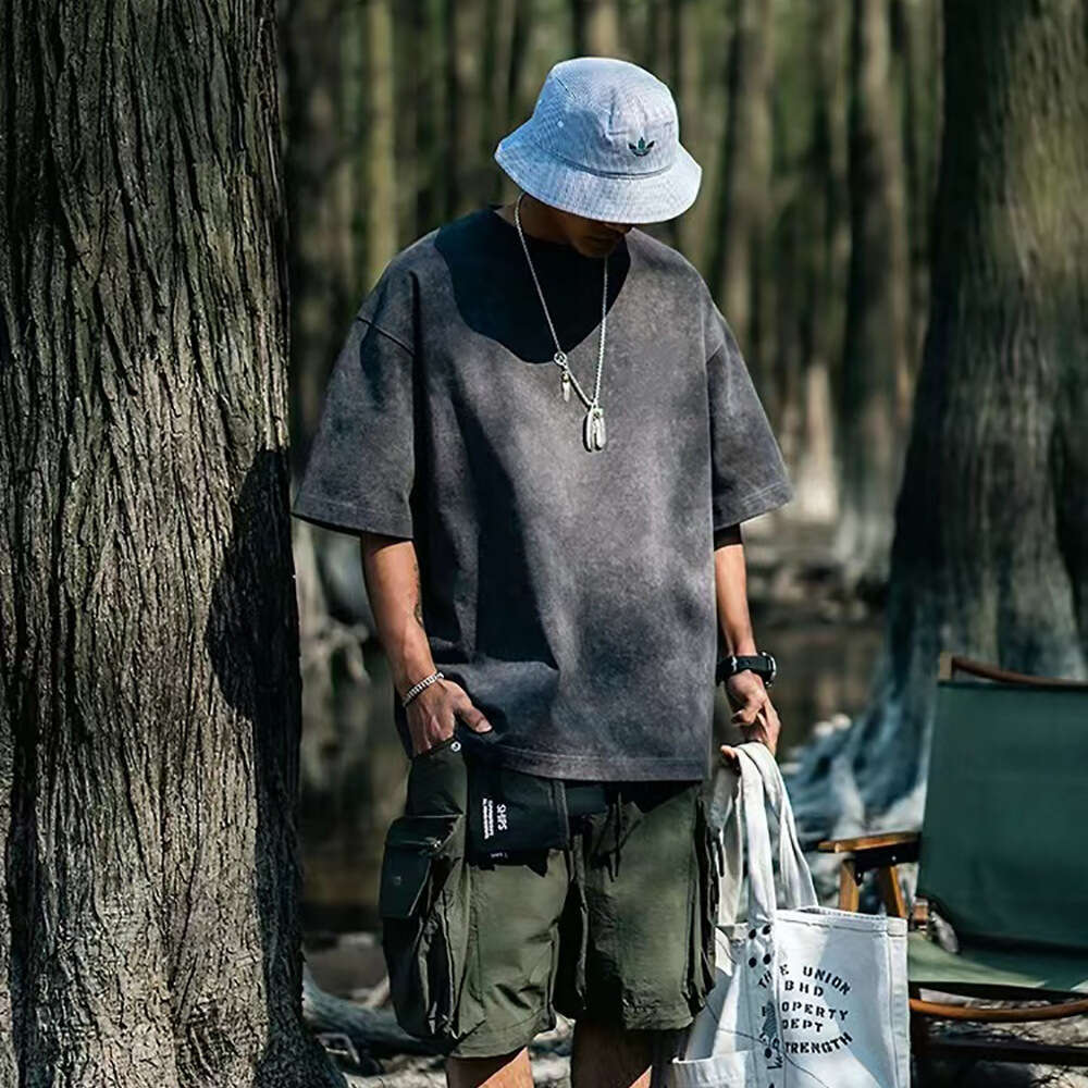 230g Washable Old Short Sleeve T-shirt for Men Versatile Solid Loose Round Neck Fashion Brand Top ins