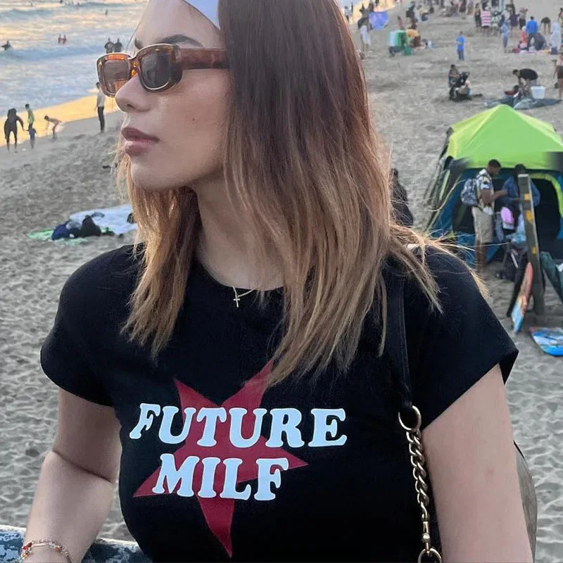Y2k Crop Top T Shirt Future Milf Star Fashion Women Harajuku Streetwear Slim Short Sleeve Summer Sexy Party Femme Womens Clothes 250320