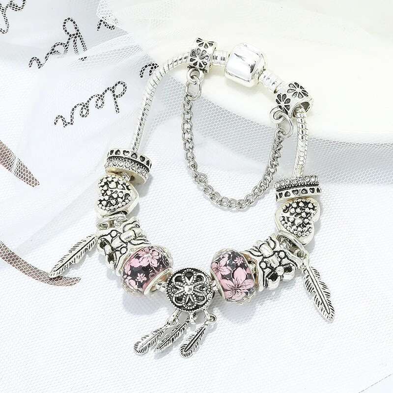 Silver Plated Noble Feather Butterfly Beads Charm Bracelets & Bangle Fit Original DIY Bracelet For Women Men Jewelry Gift