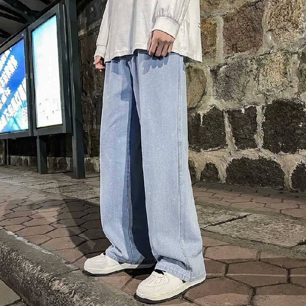 Mens solid color drawstring jeans loose straight Korean retro street hip-hop Y2K casual daily drawstring wide leg pantsT250319
