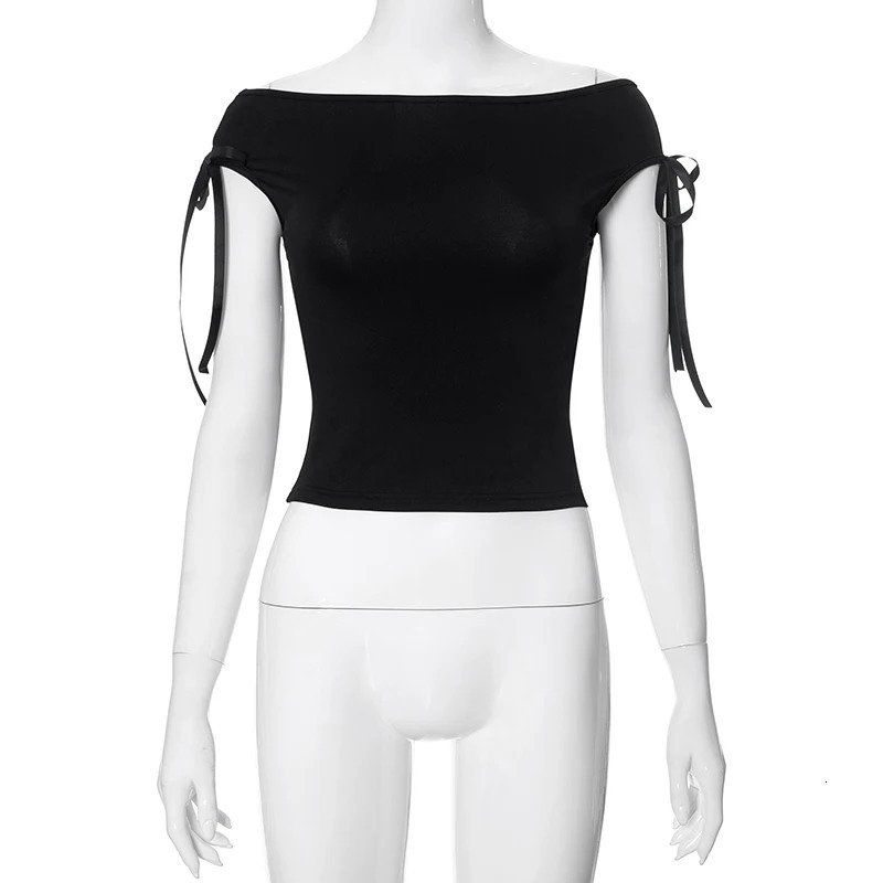 CUTENOVA Summer Solid Color Sexy Off Shoulder Tops Lace Up Sleeveless T-Shirt Casual Slim Crop Top Black Short Sleeve Wome 250320