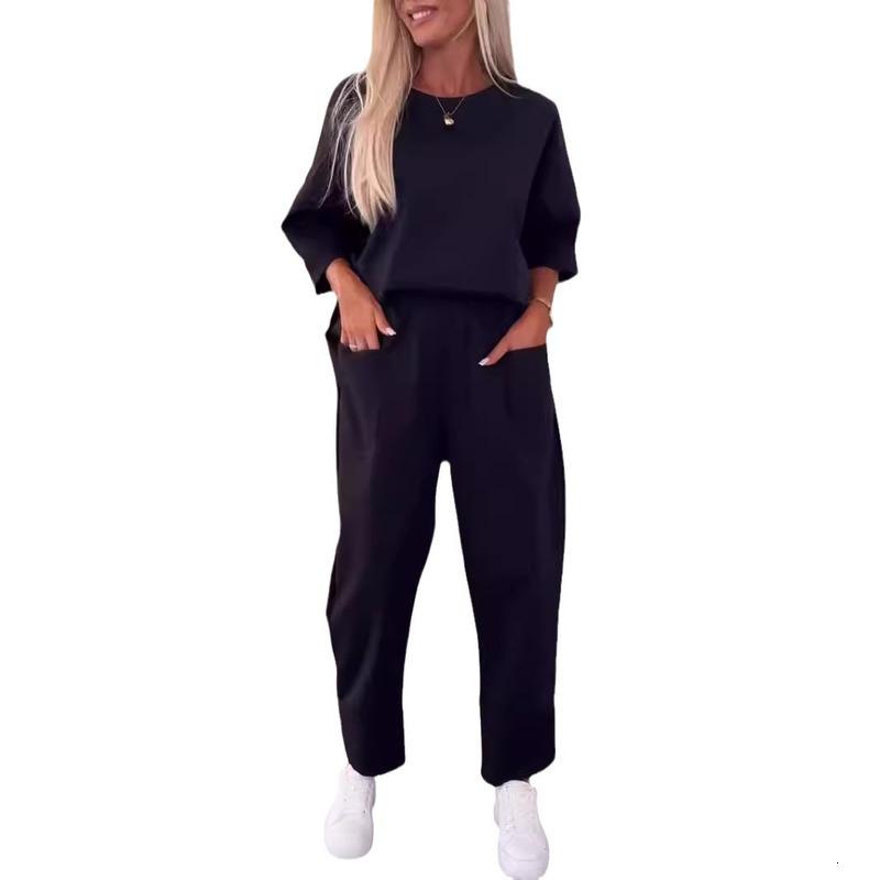 2024 Autumn Women's Loose Casual Two-Piece Solid Color Round Neck Cropped Pants Set For Women