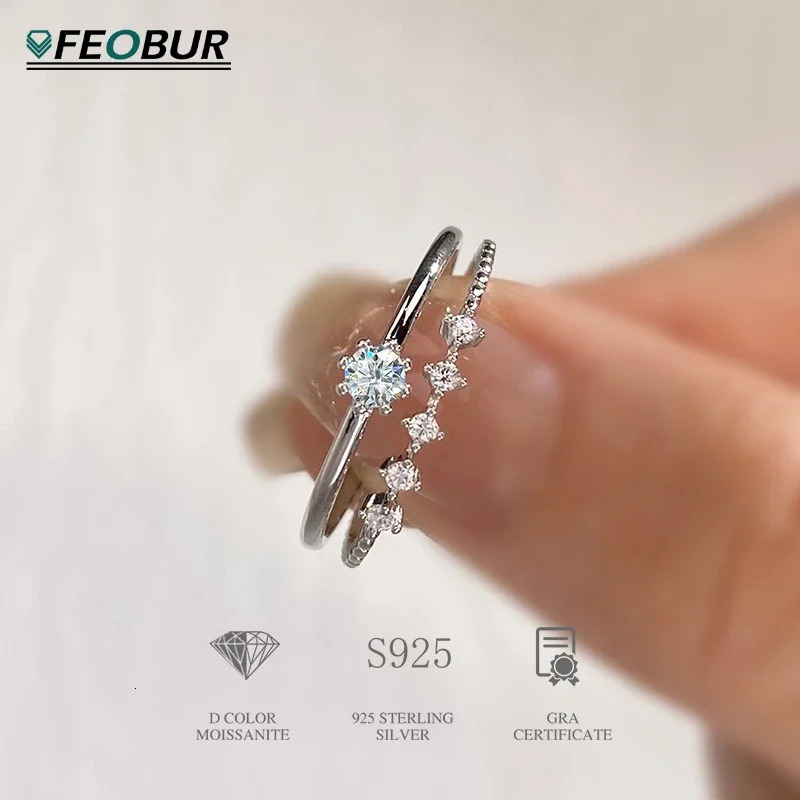 FEOBUR 3mm Moissanite Diamond Ring Set for Women 925 Sterling Silver Plated Platinum Brilliant Stacking Rings Jewelry Girl Gift