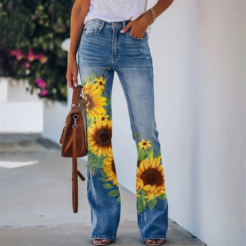 Y2K Ladies Retro Flared Pants Baggy Jeans Women Floral Printed Slim-Fit Denim Trousers Pantalones Streetwear 250319