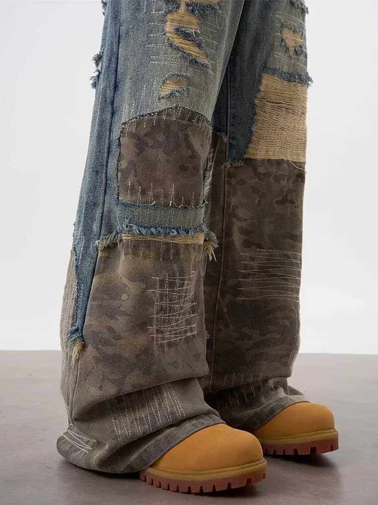 2024 Garbage Y2K Street Clothing Tear Stacked Bag Jeans Mens Clothing Camouflage Patch New Rock Hip Hop Cowboy Trojan HorseT250319
