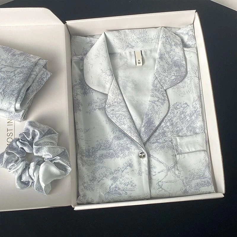Spring Lapel Button Cardigan Lounge Sets Womens 2 Piece Ice Silk Pajamas for Women Fashion Printing Sleepwear for Wome 250320