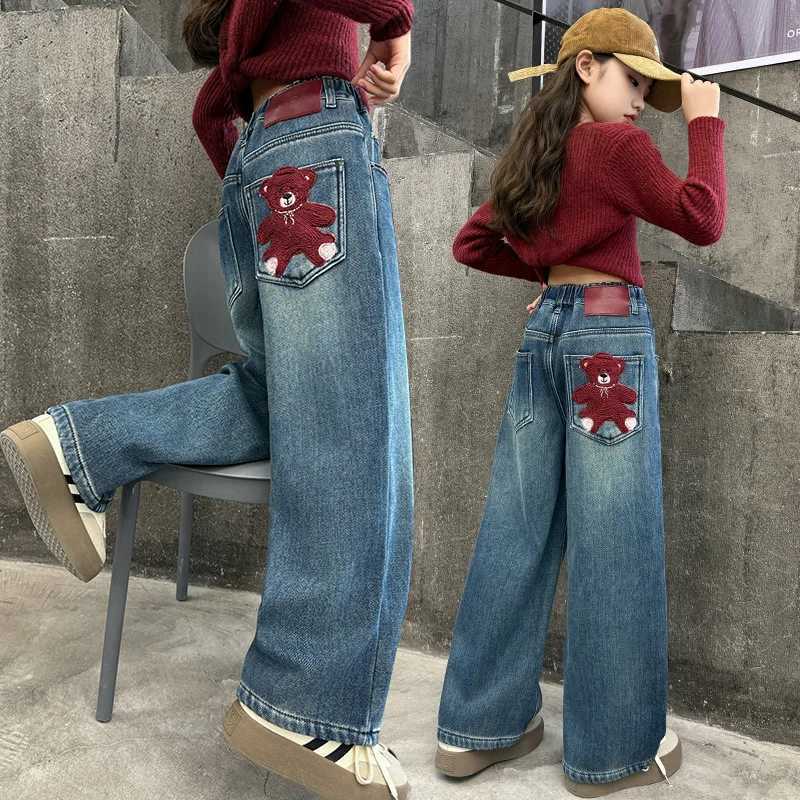 Girls Jeans Spring Autumn New Bear Embroidery Big Kids Trendy Straight Leg Denim Pants Children Wide Leg Trousers 4-14YearsT250326