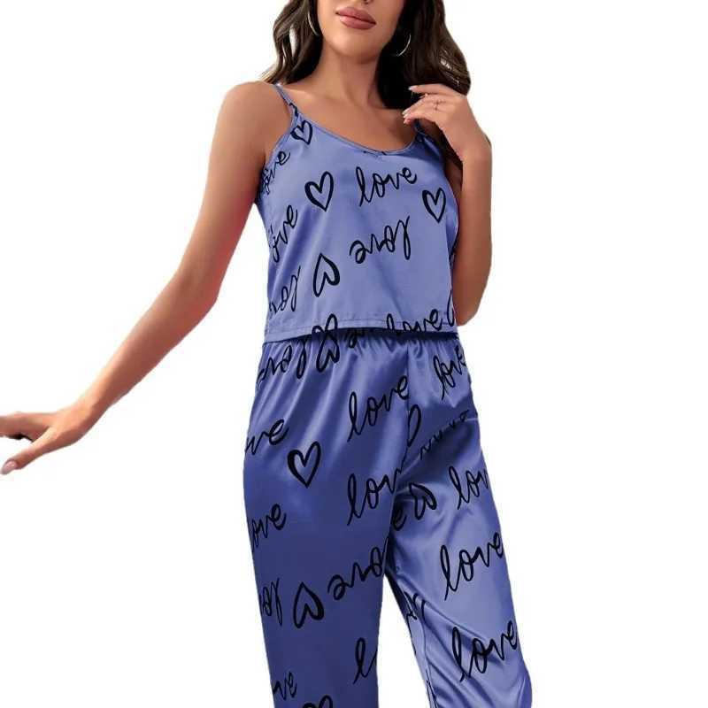 Summer Women Satin Silk Pajamas Sets Print Cami Vest Shirt With Trouser Sleepwear Ladie Sexy Pajama Lingerie Pyjamas NightwearC250319