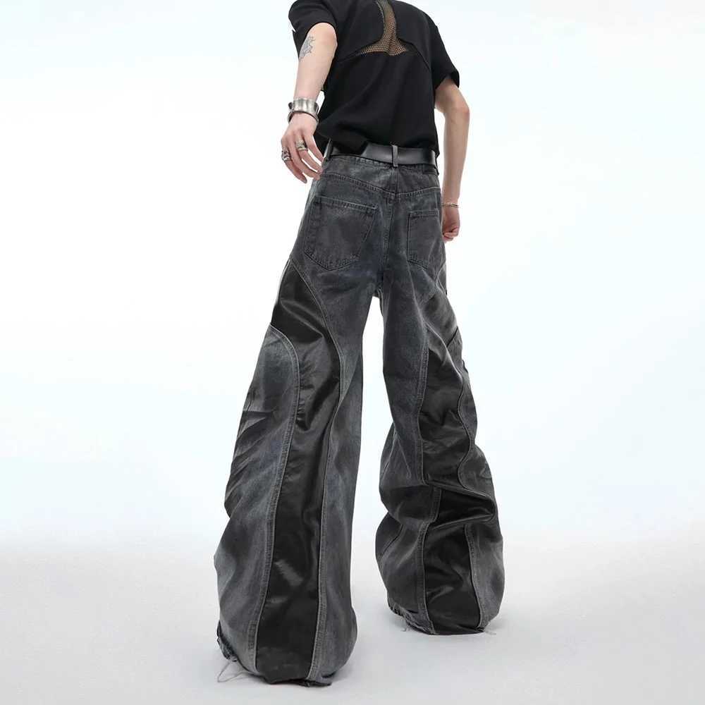 Mens jeans Pu leather splicing beard washing wilderness style casual pants streetwear fashion personality mens clothingT250319