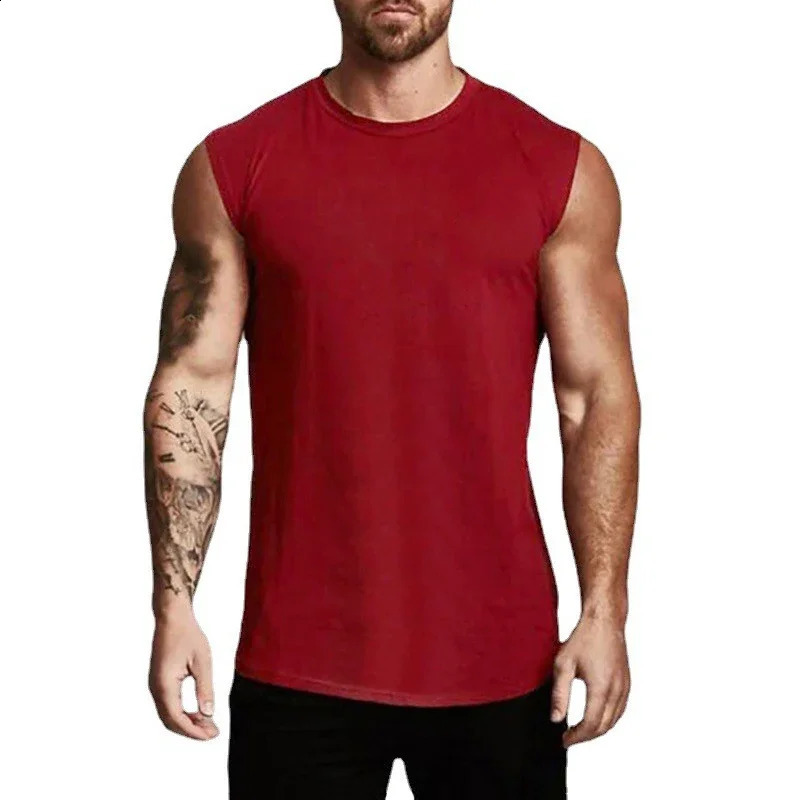 Compressed cotton vest mens gym breathable clothing fitness sleeveless Tshirt summer exercise casual sports muscle 250319