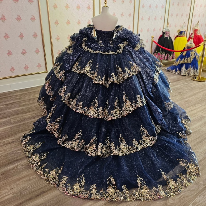 Luxury Navy Blue Shiny Sweetheart Quinceanera Dresses Gold Applique Lace Beading Tulle Vestidos De 15 Anos Sweet 16 Dress