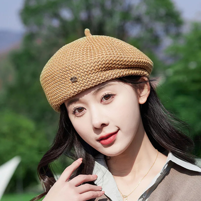 Women Fixed Pleated Paper Straw Beret Summer Milk Silk Knit Breathable Big Artist Fashion Painter Hat 250320