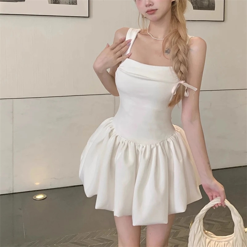 Women Solid Ruched Prom Mini Dresses Spicy Girl Party Suspender Bubble Dress Female Classic Birthday Waist Dress 250319