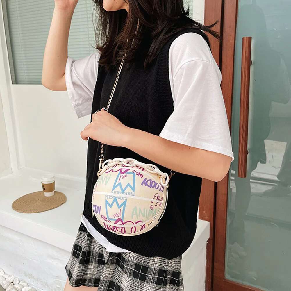2024 Women Personality Graffiti Round Ball Soft PU Leather Crossbody Acrylic Chain Handbags And Purses Female Basketball Bag