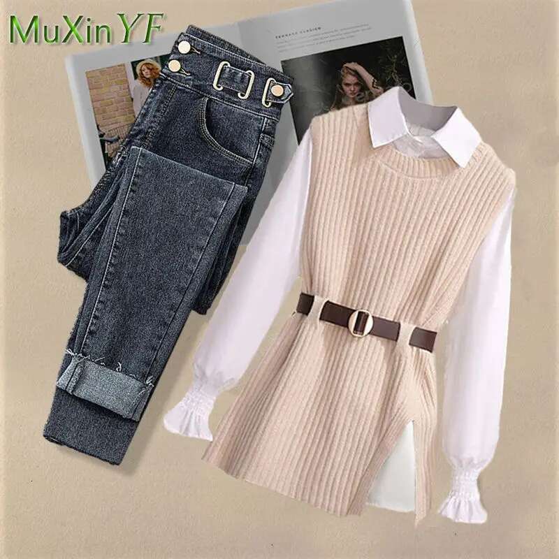 2025 Spring New Korean Elegant In Matching Set Women's Fashion Knitted Vest+Shirt+Jeans Three Piece Female Chic Denim Pants Suit
