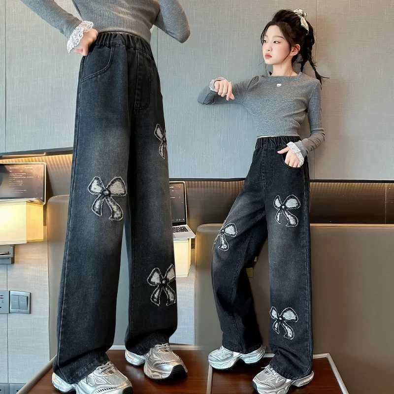 Girls Jeans New Childrens Spring and Autumn Butterfly Embroidered Straight Wide-leg Trousers Kids Denim Pants for TeenagersT250326
