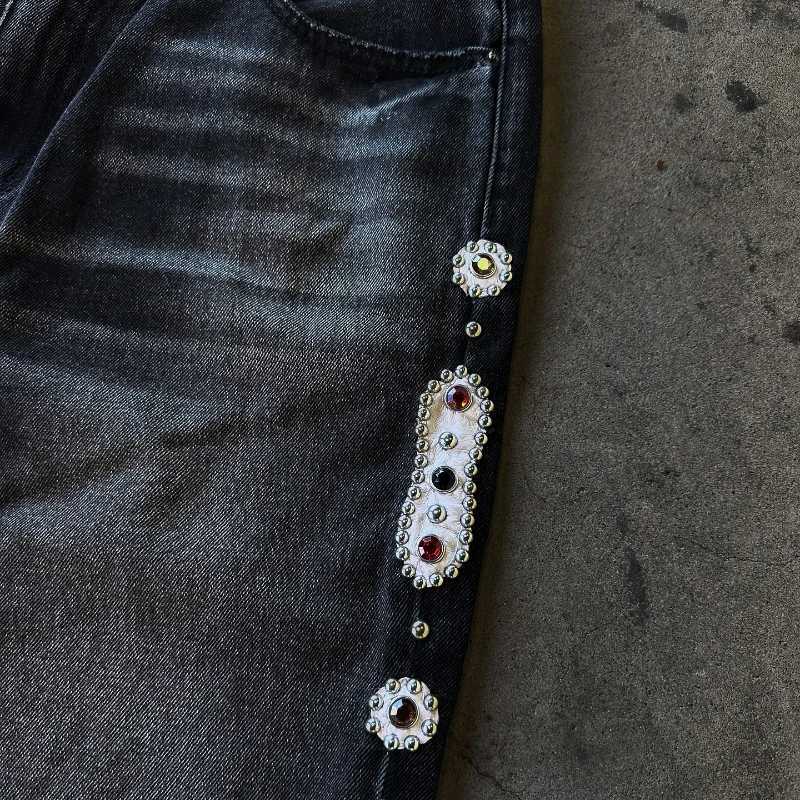 Baggy Embeddished Jeans Y2K high-quality 20 ounce fashionable mens and street womens clothing Harajuku retro high street straight Distressed JeansT250
