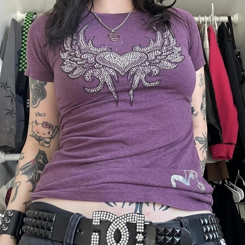 2000s Retro Y2K Cybery Grunge Emo Baby Tees Rhinestone Graphic Print T-shirt Japanese Harajuku Mall Goth Short Sleeve Crop Tops 250319