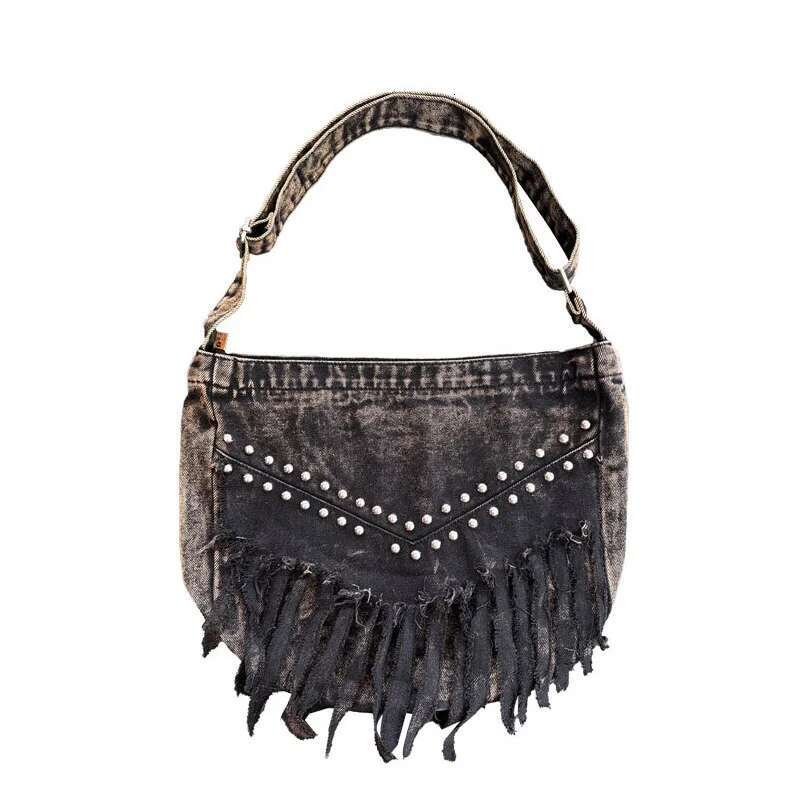 Denim Y2k Rivets Womens Shoulder Fashion Tassels Female Messenger Crossbody Bag Large Capacity Ladies Handbag Sac Totes