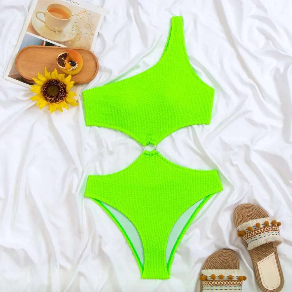2025 Sexy Shoulder Swimwear Women Padded One Piece Swimsuit Fluorescent Green Monokini Backless Hollow Summer Bathing Suit
