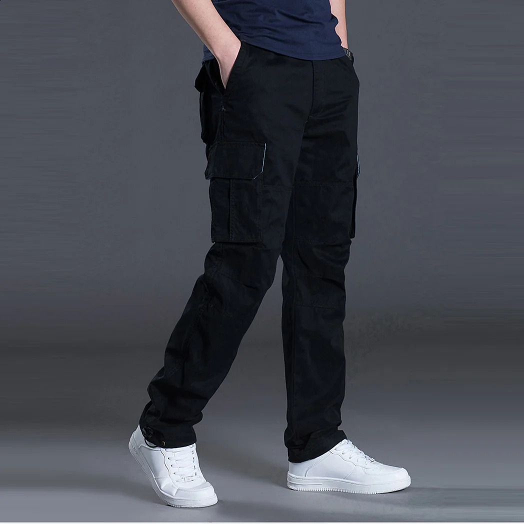 cotton multi flap pocket mens straight leg cargo pants loose casual outdoor hiking tactical work 250317