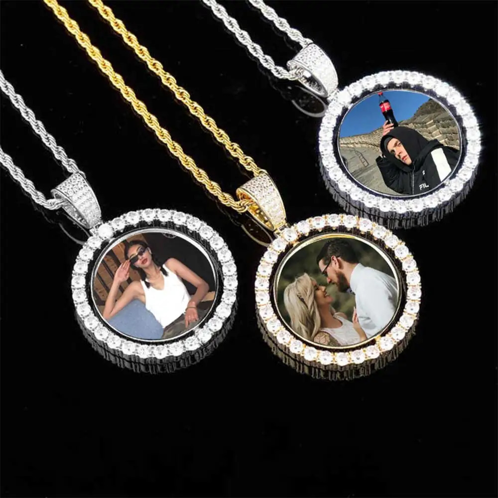 Customized Double-Side Po Necklace Picture Pendant Chain Personalized Cubic Zirconia Hip Hop Jewelry Gift for Men Women 250318