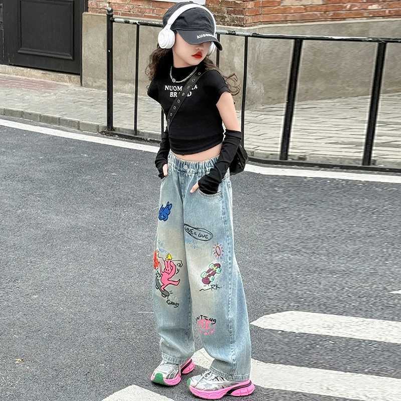 Spring and autumn new cartoon printing loose fitting teenage girls jeans girls summer design wide leg pants children Trouser 5-14 years oldT250326