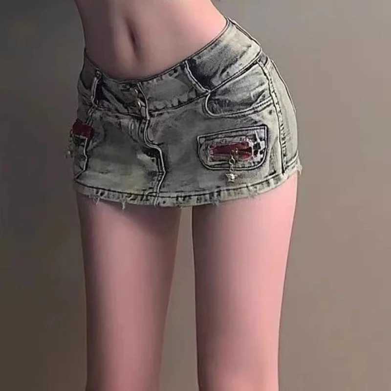 Womens high waisted fashionable patchwork denim dress womens Y2k retro Harajuku shorts dress girls Korean streetwear blue dressXJ250320