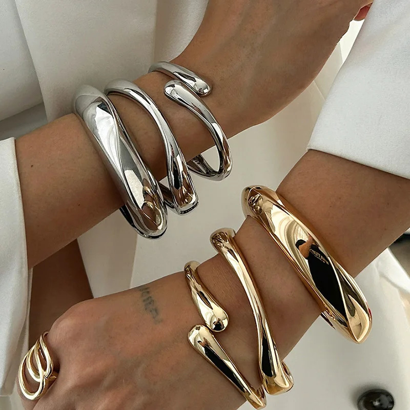 3 Styles Punk Vintage Wide Cuff Bangles Hip Hop Gold Silver Color Geometric Metal Spring Chunky Bangle Women Bracelets Jewelry 250320