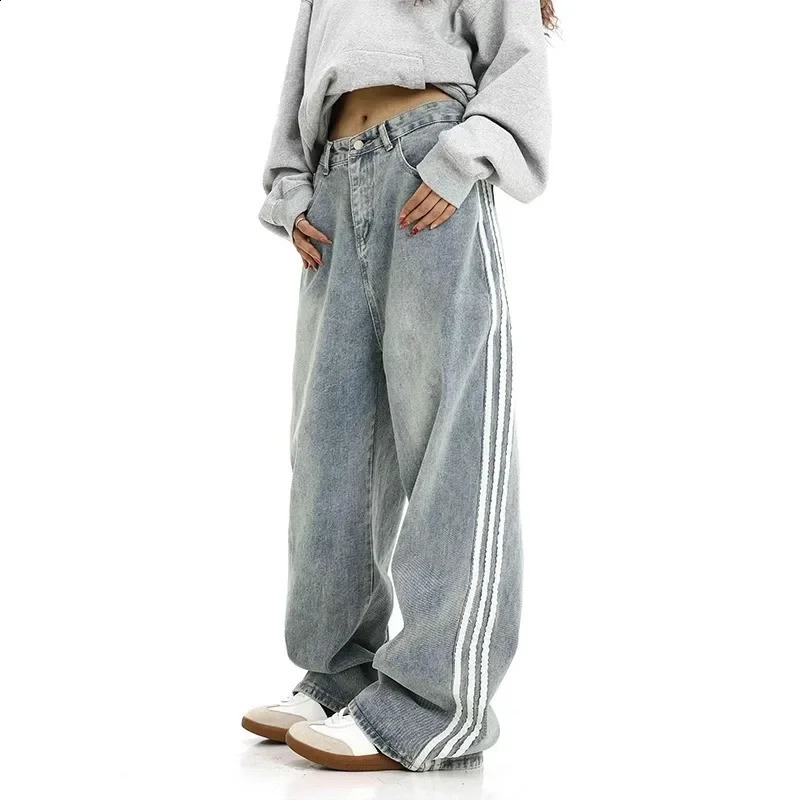American Style Retro Striped Loose Fit Low Waist Slimming Long Jeans Women High Street Drag Floor Length Trendy Denim Pants 250319