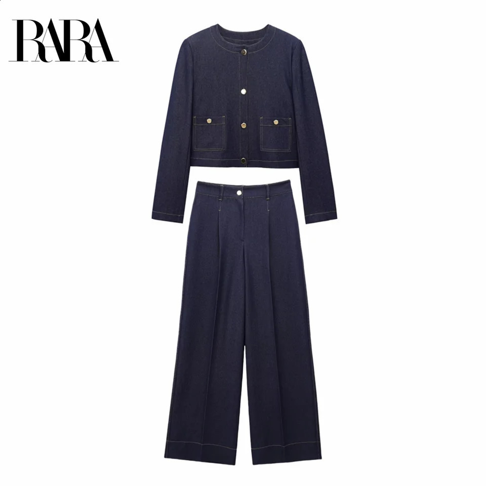 RARA 2025 Womens Crew Neck Cropped Jacket with Button Details and Match Width Leg Trouser Set for a Stylish Look 250319