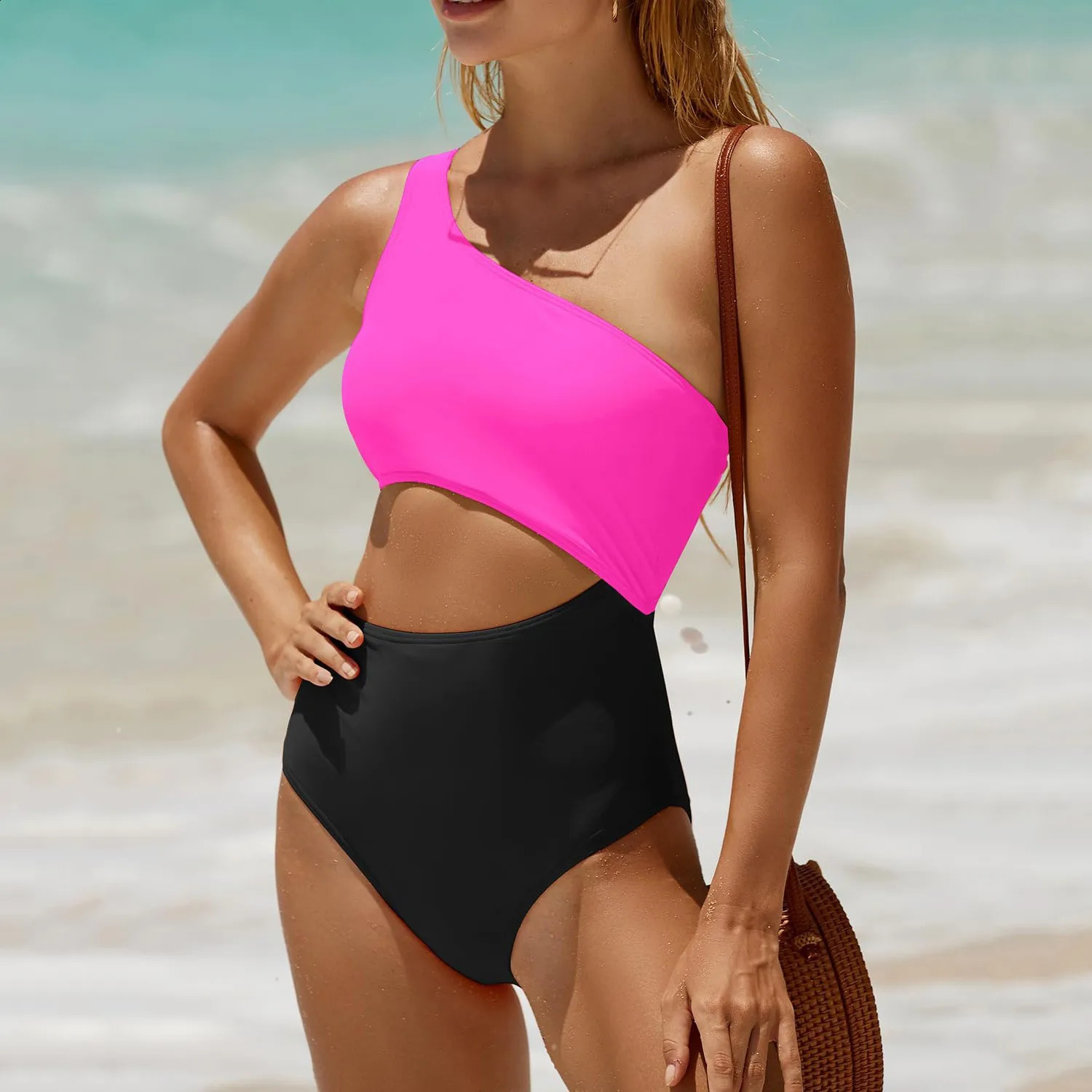 One Shoulder 1 Piece Swimsuit For Women High Waist Bathing Suits Full Coverage Bikini Bottom Solid Color Swimwears Tankinis Set 250319
