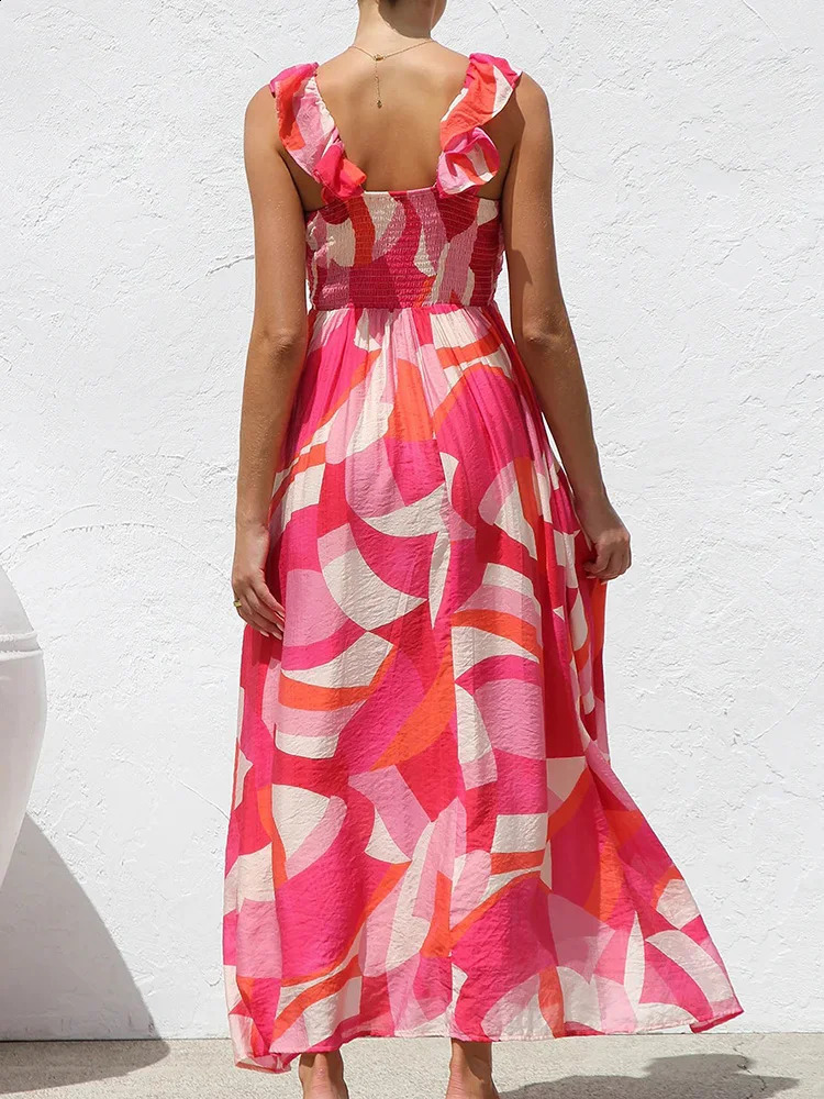 backless patch work simple party dress womens summer sleeveless deep Vneck Maxi printed fashionable 250317