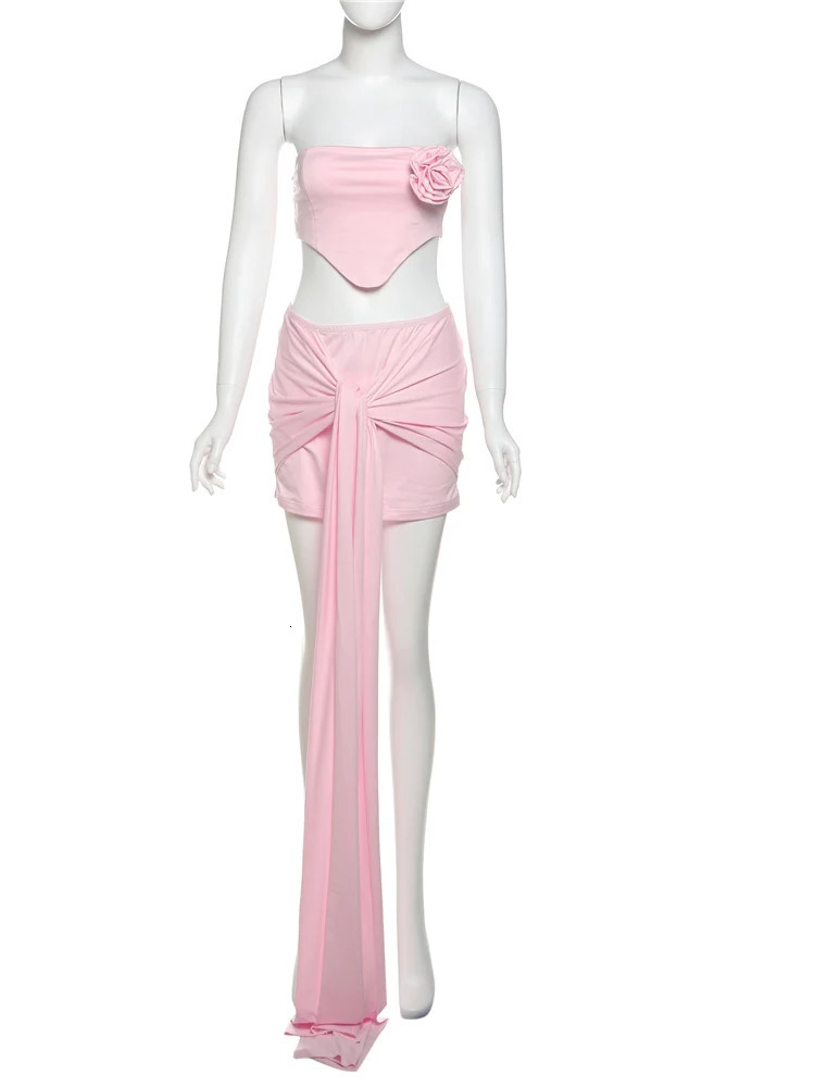 Nibber Sweet Y2K Women 2 Piece Set Flowers Applique Strapless Corset TopCross Knot Ribbon Skirt Summer Party Matching Suits 250320