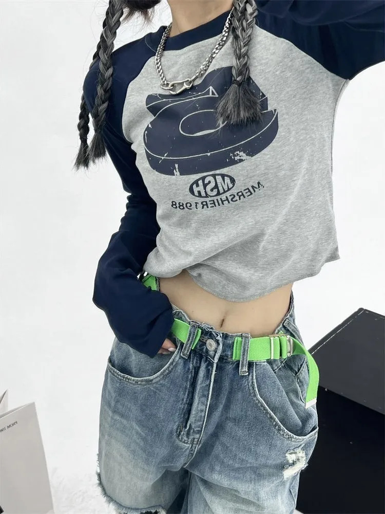 Spring Autumn Vintage Y2K Patchwork Green Tshirts Women Hippie Streetwear Long Sleeve T Shirt Female Kpop Retro Autumn Crop Tops 250320