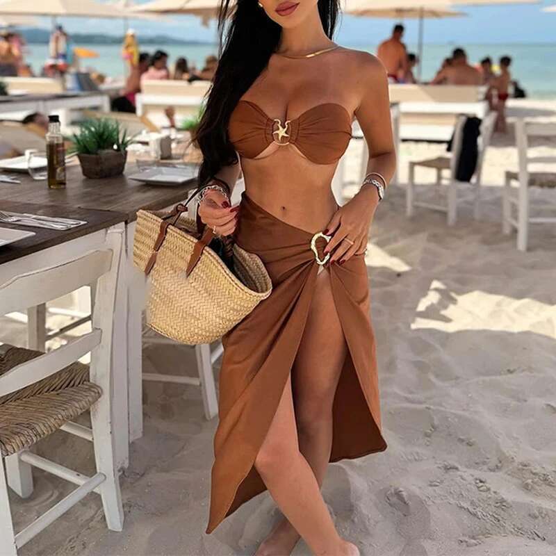 Sexy 3-piece bikini metal buckle sleeveless top thong with split skirt bikini swimsuit holiday set latest women's swimsuit