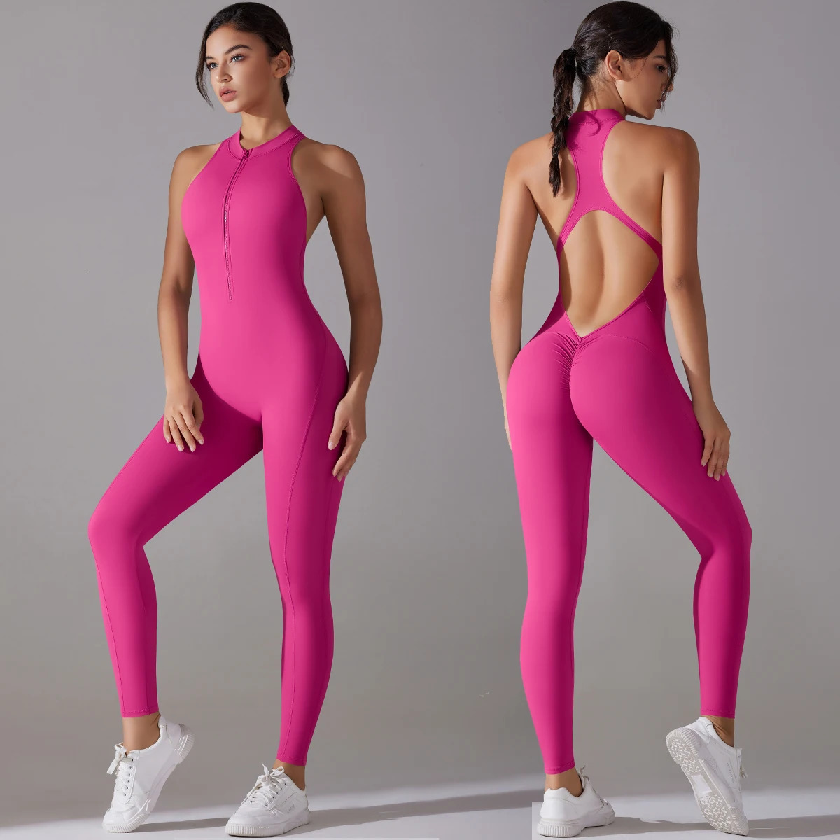 Sexy Hollow Backless Scrunch Sporty Jumpsuit Raises Butt Woman Gym Set One Piece Sport Suit Sleeveless Zip Yoga Fitness Overalls 250320