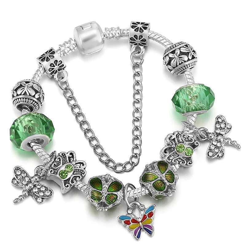 Cryatal Butterfly Pendant Charm Bracelet Female With Green Murano Glass Beads Bracelet For Women Men Jewelry Gift Dropshipping