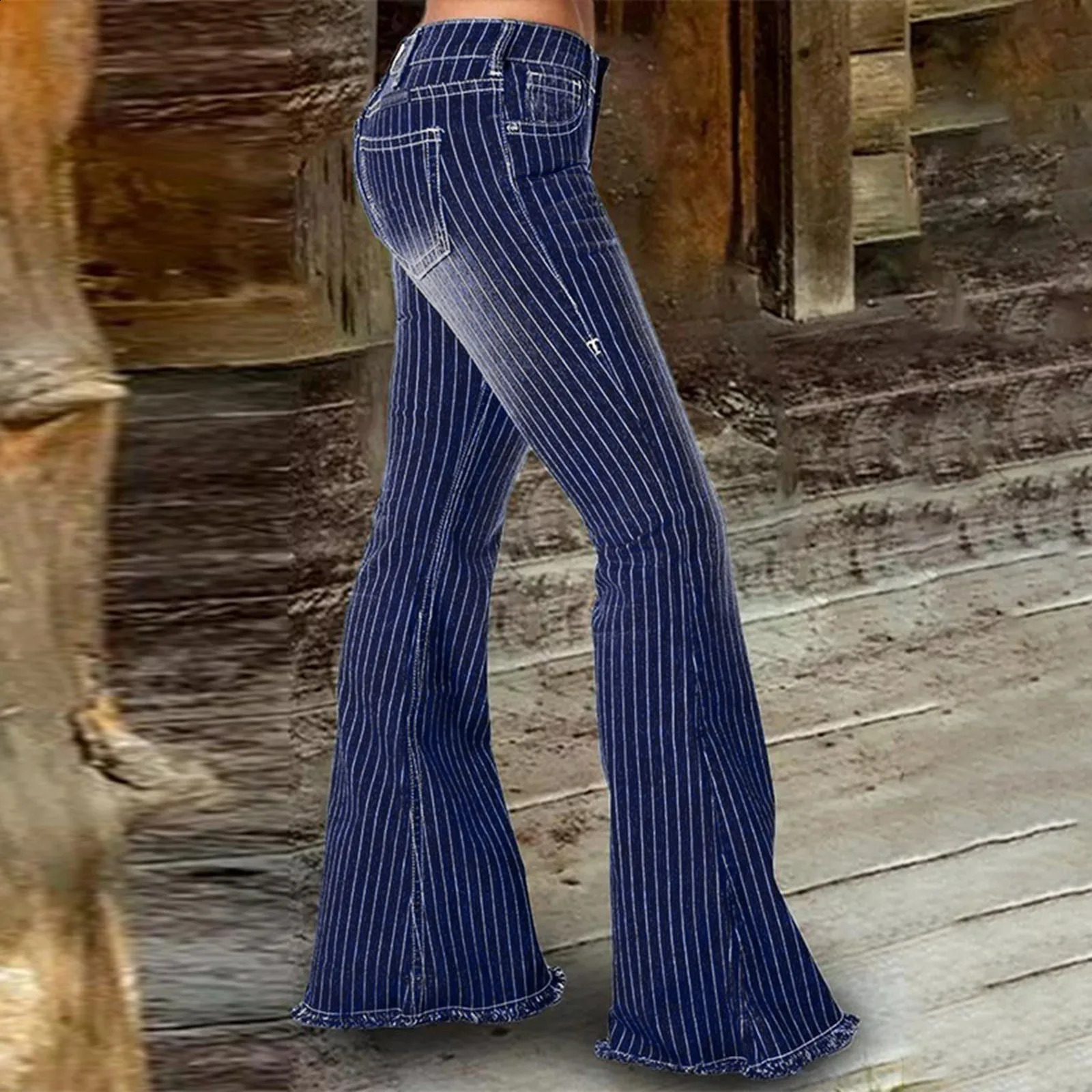 Striped Thin Edge Flared Jeans Women Fashionable Casual Mid Rise Buttoned Street Vintage Jeans Wrap Hips Bell Bottom Jeans 250319