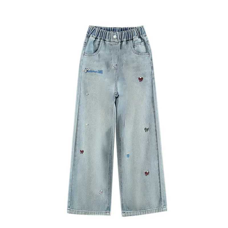 Teenage Girls Embroidered Bow Nail Bead Jeans Street Clothing Childrens Y2k Hip Hop High Waist Straight Loose Jeans Trouser 4-14T250326