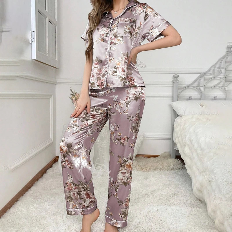 Womens Satin Pajamas 2 Piece Autumn Short Sleeve Top Long Pants Pj Sets Silky Sleepwear Loungewear for Ladies Home Clothes 250320