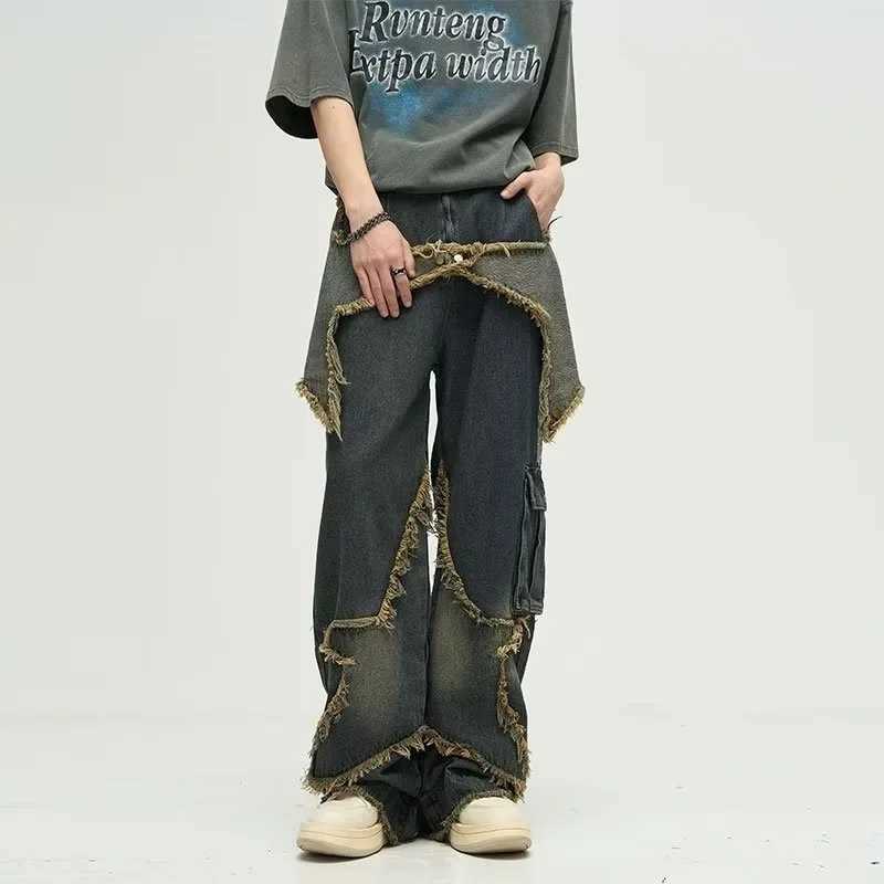 Starry Fringewashing Jeans Loose-Fit Straight-Leg Pants Hip Hop Style For Dancing Men And Women Couple Long Pants American StyleT250319