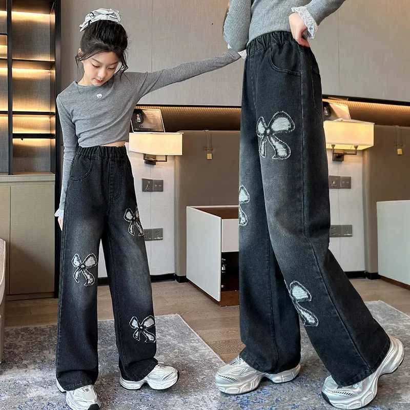 Girls Jeans New Childrens Spring and Autumn Butterfly Embroidered Straight Wide-leg Trousers Kids Denim Pants for TeenagersT250326