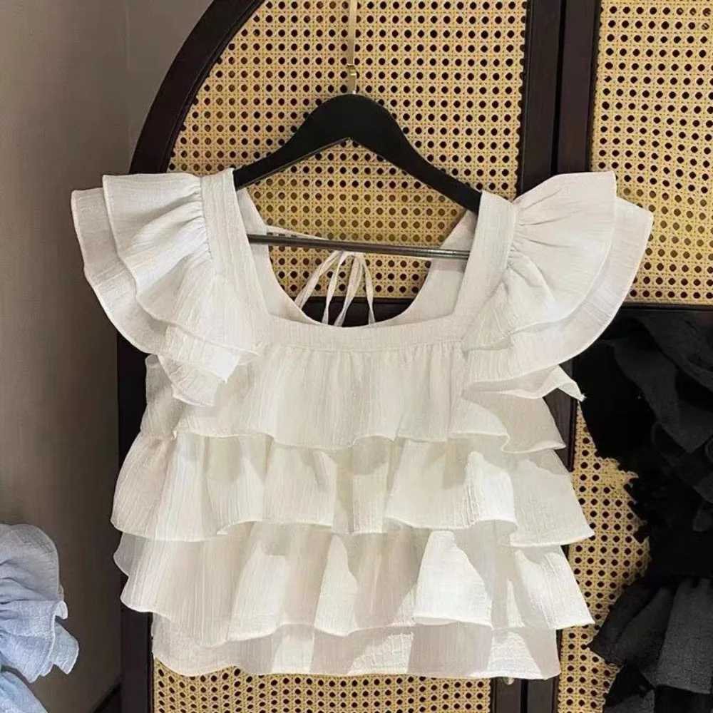 Blouses Girls Summer New Korean Solid Color Edge Flying Sleeve Square Collar Shirt Fashion Tank Top Trend 2024 Simple FashionT250320